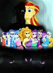 Size: 4800x6600 | Tagged: safe, artist:gogglespizano, adagio dazzle, amethyst star, aria blaze, bon bon, dj pon-3, lyra heartstrings, octavia melody, sonata dusk, sparkler, sunset shimmer, sweetie drops, trixie, vinyl scratch, human, siren, equestria girls, g4, 50s, 80s, absurd resolution, alternate universe, asian, balthazar bratt, clothes, cutie mark, dork, dress, east asia, east asian, evil, fanfic, fanfic art, fanfic cover, female, flute, glasses, greek, greek clothes, greek mythology, japanese, kimono (clothing), magician outfit, musical instrument, nerd, punk, reference, rocktavia, role reversal, siblings, sisters, the dazzlings, vinyl class, whisk