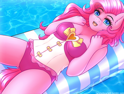 Size: 3430x2600 | Tagged: safe, artist:twistedscarlett60, pinkie pie, earth pony, anthro, equestria girls, equestria girls specials, g4, my little pony equestria girls: better together, my little pony equestria girls: forgotten friendship, adorasexy, air mattress, blushing, breasts, busty pinkie pie, cleavage, clothes, cute, female, float, high res, lidded eyes, looking at you, mare, on back, open mouth, pink swimsuit, pinkamena diane pie, sexy, solo, swimming pool, swimsuit