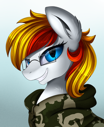 Size: 1446x1764 | Tagged: safe, artist:pridark, oc, oc only, oc:alter ego, pony, bust, clothes, commission, glasses, hoodie, looking at you, portrait, solo