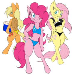 Size: 3000x3000 | Tagged: safe, artist:steelsoul, applejack, fluttershy, pinkie pie, earth pony, pegasus, pony, semi-anthro, g4, bikini, clothes, cooler, earbuds, high res, simple background, swimsuit, transparent background