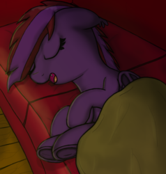 Size: 1028x1078 | Tagged: safe, artist:nuxersopus, oc, oc only, bat pony, pony, blanket, couch, sleeping, solo