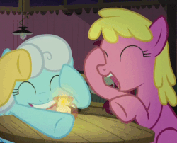Size: 620x500 | Tagged: safe, screencap, cherry berry, linky, shoeshine, earth pony, pony, g4, the maud couple, animated, background pony, candle, female, gif, laughing, laughingmares.jpg, mare