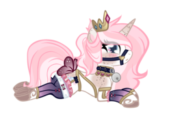 Size: 3000x2000 | Tagged: safe, artist:dookin, oc, oc only, pony, unicorn, bell, bell collar, blushing, bondage, clothes, collar, crown, cute, cutie mark, heart, heart eyes, high res, jewelry, princess, regalia, simple background, solo, transparent background, wingding eyes