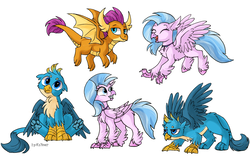 Size: 3001x1945 | Tagged: safe, artist:kaliner123, gallus, silverstream, smolder, changeling, classical hippogriff, dragon, griffon, hippogriff, g4, school daze, season 8, behaving like a dog, cute, diastreamies, doodle, female, flying, gallabetes, male, paw pads, paws, simple background, sitting, smiling, smolderbetes, underpaw, white background