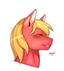 Size: 1129x1265 | Tagged: safe, artist:cold-blooded-twilight, big macintosh, earth pony, pony, g4, blushing, freckles, male, questionable description, simple background, solo, stallion, transparent background