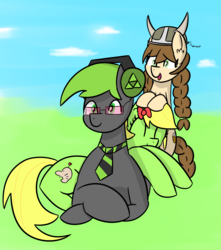 Size: 1919x2167 | Tagged: safe, artist:artiks, oc, oc only, oc:mronasa, oc:niteax, oc:tvælåt, bow, braided tail, helmet, horned helmet, mr. saturn, necktie, pony pile, sunglasses, viking helmet