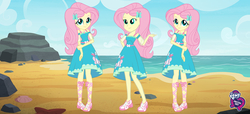 Size: 2304x1053 | Tagged: safe, fluttershy, equestria girls, fashion photo booth, g4, my little pony equestria girls: better together, beach, equestria girls logo, multeity, one of these things is not like the others