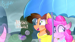 Size: 1920x1080 | Tagged: safe, artist:lynchristina, cheese sandwich, pinkie pie, earth pony, pony, g4, female, glowing horn, heart eyes, horn, male, mare, microphone, offscreen character, ship:cheesepie, shipping, special feeling, stallion, straight, umbrella, wingding eyes