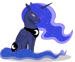 Size: 3938x3295 | Tagged: safe, artist:bri-sta, artist:kopcap94, color edit, edit, vector edit, princess luna, alicorn, pony, g4, colored, cutie mark, ethereal mane, female, glowing eyes, high res, horn, jewelry, mare, missing accessory, regalia, shadow, simple background, sitting, solo, starry mane, transparent background, vector