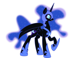 Size: 4207x3300 | Tagged: safe, artist:kopcap94, artist:kp-shadowsquirrel, color edit, edit, vector edit, nightmare moon, alicorn, pony, g4, colored, cutie mark, ethereal mane, female, helmet, horn, jewelry, mare, regalia, simple background, solo, spread wings, starry mane, transparent background, vector, wings, worried