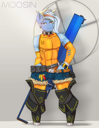 Size: 1920x2480 | Tagged: safe, artist:mopyr, oc, oc only, oc:moosin, anthro, clothes, collar, gun, jeans, leggings, outfit, pants, rifle, sniper rifle, socks, solo, stockings, thigh highs, tight clothing, weapon, wide hips