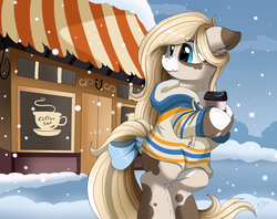 Size: 2030x1608 | Tagged: safe, artist:pridark, oc, oc only, pony, bipedal, building, cafe, cappuccino, clothes, commission, cup, looking back, scenery, snow, solo