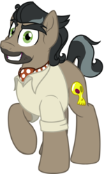 Size: 690x1161 | Tagged: safe, artist:binkyt11, artist:serenawyr, derpibooru exclusive, doctor caballeron, earth pony, pony, villains of equestria collab, g4, eyebrows, grin, looking at you, male, neckerchief, raised hoof, simple background, smiling, solo, stallion, stubble, thick eyebrows, transparent background