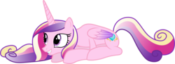 Size: 8900x3250 | Tagged: safe, artist:90sigma, edit, editor:slayerbvc, vector edit, princess cadance, alicorn, pony, g4, accessory-less edit, bare hooves, bowing, cute, cutedance, female, grin, mare, missing accessory, prone, simple background, slender, smiling, solo, thin, transparent background, vector
