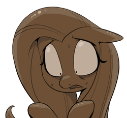 Size: 379x352 | Tagged: safe, artist:shoutingisfun, fluttershy, chocolate pony, food pony, original species, pegasus, pony, g4, chocolate, female, floppy ears, food, implied transformation, mare, monochrome, nervous, open mouth, raised hoof, shrunken pupils, simple background, solo, sweat, white background