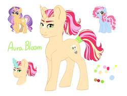 Size: 3973x3000 | Tagged: safe, artist:kianamai, artist:terathetrex, oc, oc only, oc:aura bloom, oc:cotton candy, oc:magnolia may, pony, unicorn, kilalaverse, pandoraverse, color palette, female, high res, magical lesbian spawn, mare, offspring, offspring's offspring, parent:applejack, parent:pinkie pie, parent:pokey pierce, parent:rarity, parents:oc x oc, parents:pokeypie, parents:rarijack, simple background, white background