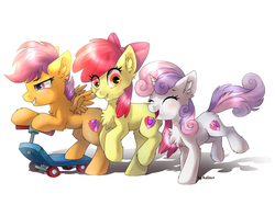 Size: 1707x1280 | Tagged: safe, artist:kaliner123, apple bloom, scootaloo, sweetie belle, earth pony, pegasus, pony, unicorn, g4, chest fluff, cutie mark crusaders, female, filly, fluffy, scooter, simple background, smiling, trio, white background