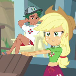 Size: 717x720 | Tagged: safe, screencap, applejack, timber spruce, equestria girls, g4, my little pony equestria girls: better together, turf war, applejack's hat, arm behind head, belly button, cowboy hat, cropped, crossed legs, female, hat, lifeguard, lifeguard applejack, lifeguard timber, male, midriff, stetson