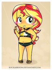 Size: 1077x1615 | Tagged: safe, artist:rockarboom, sunset shimmer, equestria girls, equestria girls specials, g4, my little pony equestria girls: better together, my little pony equestria girls: forgotten friendship, adorasexy, belly button, blushing, chibi, clothes, cute, feet, female, sandals, sexy, shimmerbetes, solo, swimsuit