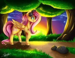 Size: 2016x1560 | Tagged: safe, artist:felicitydraws, fluttershy, pegasus, pony, g4, female, headphones, morning, signature, solo, sunrise, tree, walking