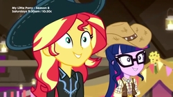 Size: 1280x720 | Tagged: safe, screencap, sci-twi, sunset shimmer, twilight sparkle, equestria girls, five to nine, g4, my little pony equestria girls: better together, cowgirl, cute, duo, female, shimmerbetes, smiling, twiabetes