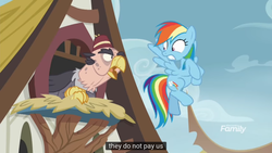 Size: 1366x768 | Tagged: safe, screencap, grampa gruff, rainbow dash, griffon, pegasus, pony, g4, school daze, bankruptcy, caption win, eye contact, female, flying, frown, glare, gritted teeth, leaning, looking at each other, looking back, mare, meme, open mouth, spread wings, wide eyes, wings, youtube caption