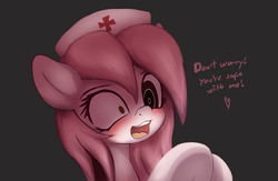 Size: 3200x2088 | Tagged: dead source, safe, artist:an-m, oc, oc only, oc:setna, earth pony, pony, blushing, clothes, dialogue, female, hat, heart, heterochromia, high res, mare, mismatched eyes, nurse hat, open mouth, pony oc, socks, solo, underhoof