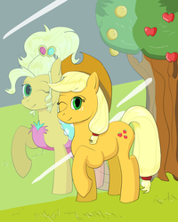 Size: 4800x6000 | Tagged: safe, artist:gogglespizano, applejack, earth pony, pony, g4, simple ways, absurd resolution, alternate hairstyle, apple tree, applejewel, clothes, cowboy hat, dress, freckles, hat, mirror, one eye closed, raised hoof, requested art, stetson, tree, wink