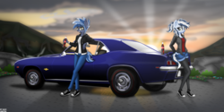 Size: 3812x1906 | Tagged: safe, artist:maxiclouds, oc, oc:maxi, oc:pixi feather, anthro, car, chevrolet camaro, clothes, coca-cola, converse, duo, female, glasses, hand in pocket, hoodie, jeans, looking at you, mountain, pants, shirt, shoes, shorts, smiling, sneakers, sunset, tights