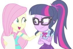 Size: 1606x1075 | Tagged: safe, edit, screencap, fluttershy, sci-twi, twilight sparkle, equestria girls, equestria girls series, forgotten friendship, g4, background removed, clothes, crossed arms, geode of fauna, geode of telekinesis, glasses, magical geodes, not a vector, open mouth, simple background, skirt, transparent background