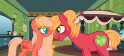 Size: 1721x781 | Tagged: safe, artist:themisslittledevil, big macintosh, oc, oc:apple spice, earth pony, pegasus, pony, g4, alternate hairstyle, base used, blushing, eye contact, father and daughter, female, freckles, looking at each other, male, mare, offspring, older, parent:big macintosh, parent:fluttershy, parents:fluttermac, stallion