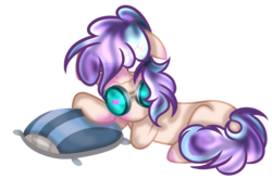 Size: 4800x3174 | Tagged: safe, artist:macaroonburst, oc, oc only, earth pony, pony, blushing, female, headphones, mare, pillow, prone, simple background, solo, transparent background, white outline