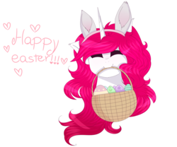 Size: 6000x5000 | Tagged: safe, artist:doux-ameri, oc, oc only, oc:button love, pony, unicorn, absurd resolution, basket, bust, easter egg, female, mare, mouth hold, portrait, simple background, solo, transparent background
