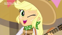 Size: 1280x720 | Tagged: safe, screencap, applejack, equestria girls, five to nine, g4, my little pony equestria girls: better together, cowboy hat, cowgirl, cute, guitar, hat, jackabetes, one eye closed, open mouth, stetson, wink