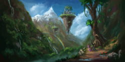 Size: 2000x1000 | Tagged: safe, artist:plainoasis, queen chrysalis, twilight sparkle, alicorn, changeling, changeling queen, pony, duo, female, floating island, looking away, mare, mountain, nature, rainbow, scenery, scenery porn, sky, tree, twilight sparkle (alicorn), waterfall