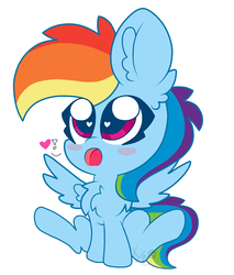 Size: 1743x2048 | Tagged: safe, artist:kittyrosie, rainbow dash, pegasus, pony, g4, blush sticker, blushing, bunny sitting, chest fluff, chibi, cute, dashabetes, ear fluff, female, heart, heart eyes, looking at you, mare, open mouth, simple background, solo, white background, wingding eyes
