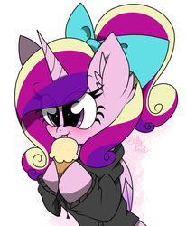 Size: 1685x2048 | Tagged: safe, artist:kittyrosie, princess cadance, alicorn, pony, g4, blushing, bow, chibi, clothes, cute, cutedance, ear fluff, female, food, hoodie, ice cream, ice cream cone, licking, looking at you, mare, solo, sweater, tongue out
