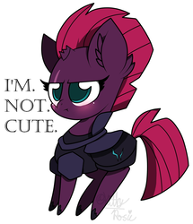 Size: 1758x2048 | Tagged: safe, artist:kittyrosie, tempest shadow, pony, unicorn, g4, my little pony: the movie, armor, blatant lies, blushing, broken horn, chibi, cute, ear fluff, eye scar, female, horn, i'm not cute, looking at you, mare, punctuated for emphasis, scar, simple background, solo, tempestbetes, tsundere, tsundere shadow, white background