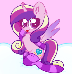 Size: 1416x1462 | Tagged: safe, artist:kittyrosie, princess cadance, alicorn, pony, g4, chest fluff, chibi, clothes, cloud, colored wings, cute, cutedance, ear fluff, eye clipping through hair, female, gradient wings, heart eyes, kneeling, looking at you, mare, on a cloud, signature, smiling, smiling at you, socks, solo, spread wings, striped socks, tongue out, wingding eyes, wings