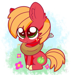 Size: 902x952 | Tagged: safe, artist:kittyrosie, big macintosh, earth pony, pony, g4, chibi, cute, ear fluff, female, flower, hay stalk, heart eyes, looking at you, macabetes, male, mare, solo, stallion, straw in mouth, wingding eyes