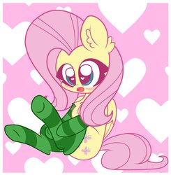 Size: 3008x3064 | Tagged: safe, artist:kittyrosie, fluttershy, pegasus, pony, g4, blush sticker, blushing, chest fluff, chibi, clothes, cute, ear fluff, female, heart eyes, high res, looking at you, mare, open mouth, shyabetes, socks, solo, striped socks, wingding eyes