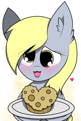 Size: 1379x2048 | Tagged: dead source, safe, artist:kittyrosie, derpy hooves, pegasus, pony, g4, blushing, cute, derpabetes, ear fluff, female, food, heart, looking at you, mare, muffin, open mouth, open smile, plate, smiling, solo