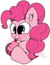 Size: 1585x2048 | Tagged: safe, artist:kittyrosie, pinkie pie, earth pony, pony, g4, cherry, cupcake, cute, diapinkes, ear fluff, female, food, licking, mare, simple background, solo, tongue out, white background