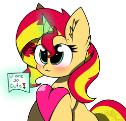 Size: 2048x1967 | Tagged: safe, artist:kittyrosie, sunset shimmer, pony, unicorn, g4, :3, blushing, cute, ear fluff, female, heart, levitation, looking at you, magic, mare, note, shimmerbetes, simple background, solo, telekinesis, white background