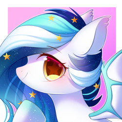 Size: 1800x1800 | Tagged: safe, artist:leafywind, oc, oc only, oc:wistful galaxy, bat pony, pony, abstract background, bat pony oc, bat wings, bust, colored pupils, colored wings, ear fluff, ethereal mane, female, looking at you, mare, portrait, solo, spread wings, starry eyes, starry mane, wingding eyes, wings