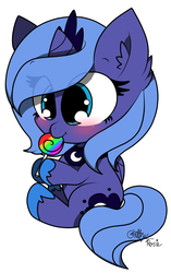 Size: 1283x2048 | Tagged: safe, artist:kittyrosie, princess luna, alicorn, pony, g4, blushing, candy, chibi, crown, cute, ear fluff, eating, female, filly, food, jewelry, lollipop, lunabetes, mare, regalia, simple background, solo, white background, woona, younger
