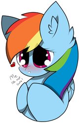 Size: 1468x2220 | Tagged: safe, artist:kittyrosie, rainbow dash, pegasus, pony, g4, blatant lies, blushing, cute, dashabetes, ear fluff, female, heart, i'm not cute, mare, open mouth, simple background, solo, text, white background