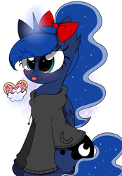 Size: 1423x2048 | Tagged: safe, artist:kittyrosie, princess luna, alicorn, pony, g4, blushing, bow, chest fluff, chibi, clothes, cute, donut, ear fluff, female, food, hair bow, hoodie, levitation, lunabetes, magic, mare, simple background, solo, sweater, telekinesis, tongue out, white background