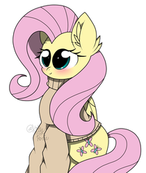 Size: 1718x2048 | Tagged: safe, artist:kittyrosie, fluttershy, pegasus, pony, g4, blushing, bottomless, clothes, cute, ear fluff, female, looking at you, mare, partial nudity, shyabetes, simple background, solo, sweater, sweatershy, white background
