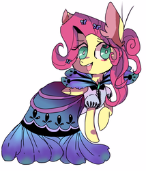 Size: 600x700 | Tagged: safe, artist:sansdy, fluttershy, pegasus, pony, g4, clothes, dress, female, folded wings, hair ornament, looking at you, mare, open mouth, raised hoof, simple background, smiling, solo, turned head, white background